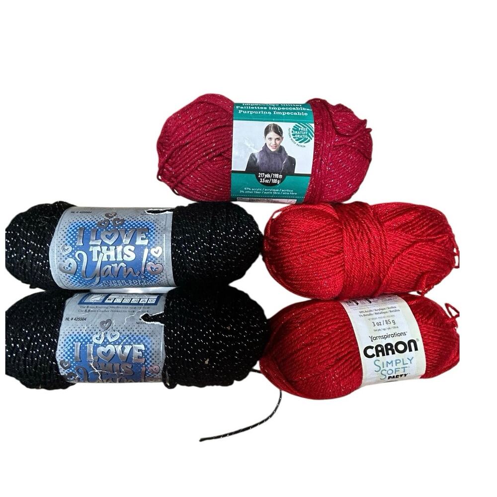 Vintage Sparkle Yarn Three Brands  2 Black 2 Caron & 1 Loops and Threads Red